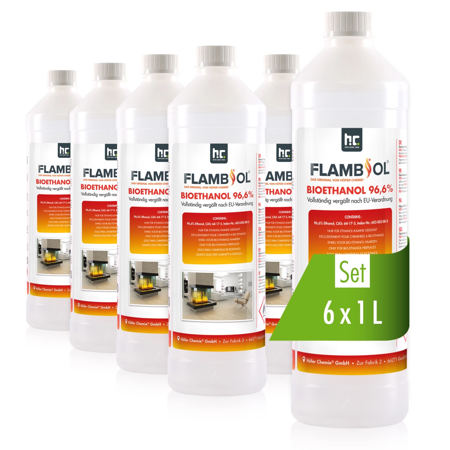 Flambiol Bioethanol 96,6% Premium für Ethanol-Tischkamin in Flaschen 6 x 1l