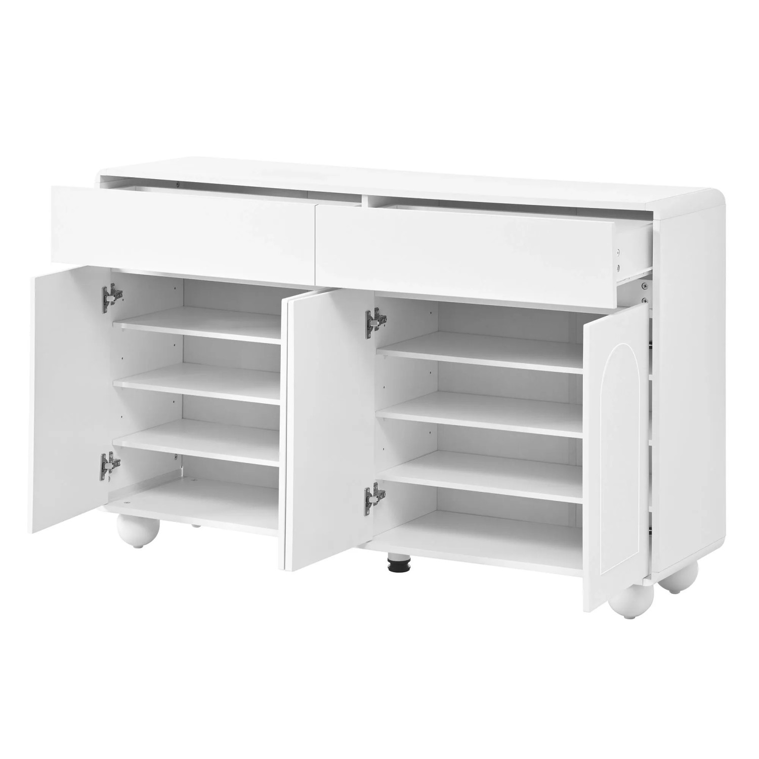 Weißes Merax Sideboard mit geschwungenen Türen, 2 offenen Schubladen und 4 Türen mit verstellbaren Regalen auf Metallfüßen.
