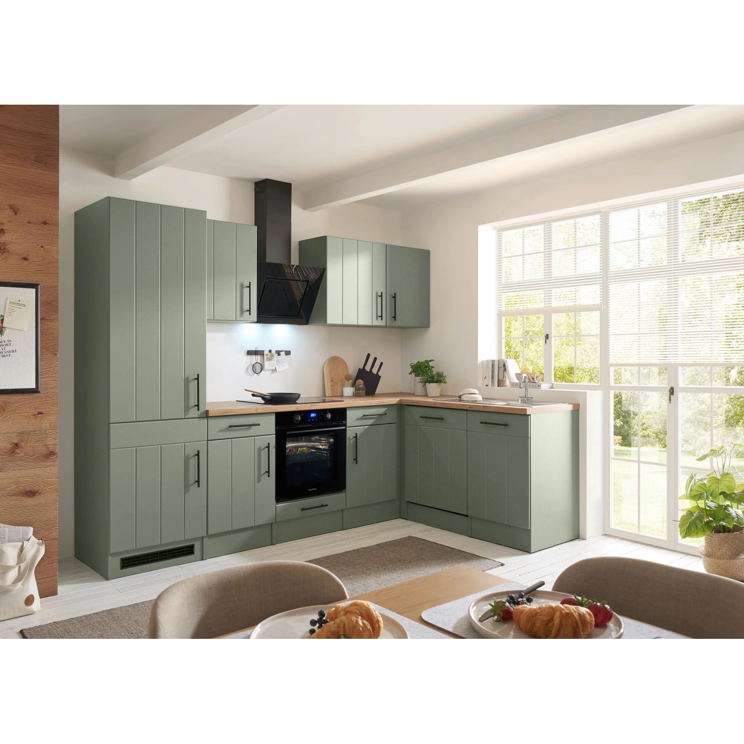 Respekta Winkelküche Anton Landhaus Schilfgrün 280 cm mit Induktionskochfeld