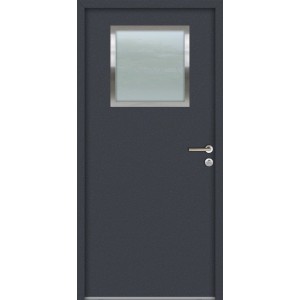 Anthrazitfarbene FM Türen Nebeneingangstür NBT56 K1 mit Fenster und Türdrücker rechts.