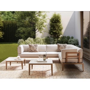 Sandbeiges Beliani Lounge Set RIMA III, Gartenmöbel mit zwei Tischen und L-förmiger Anordnung.