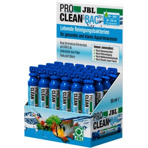 JBL ProClean Bac Reinigungsbakterien, 50ml Flaschen im Display für sauberes Aquariumwasser.