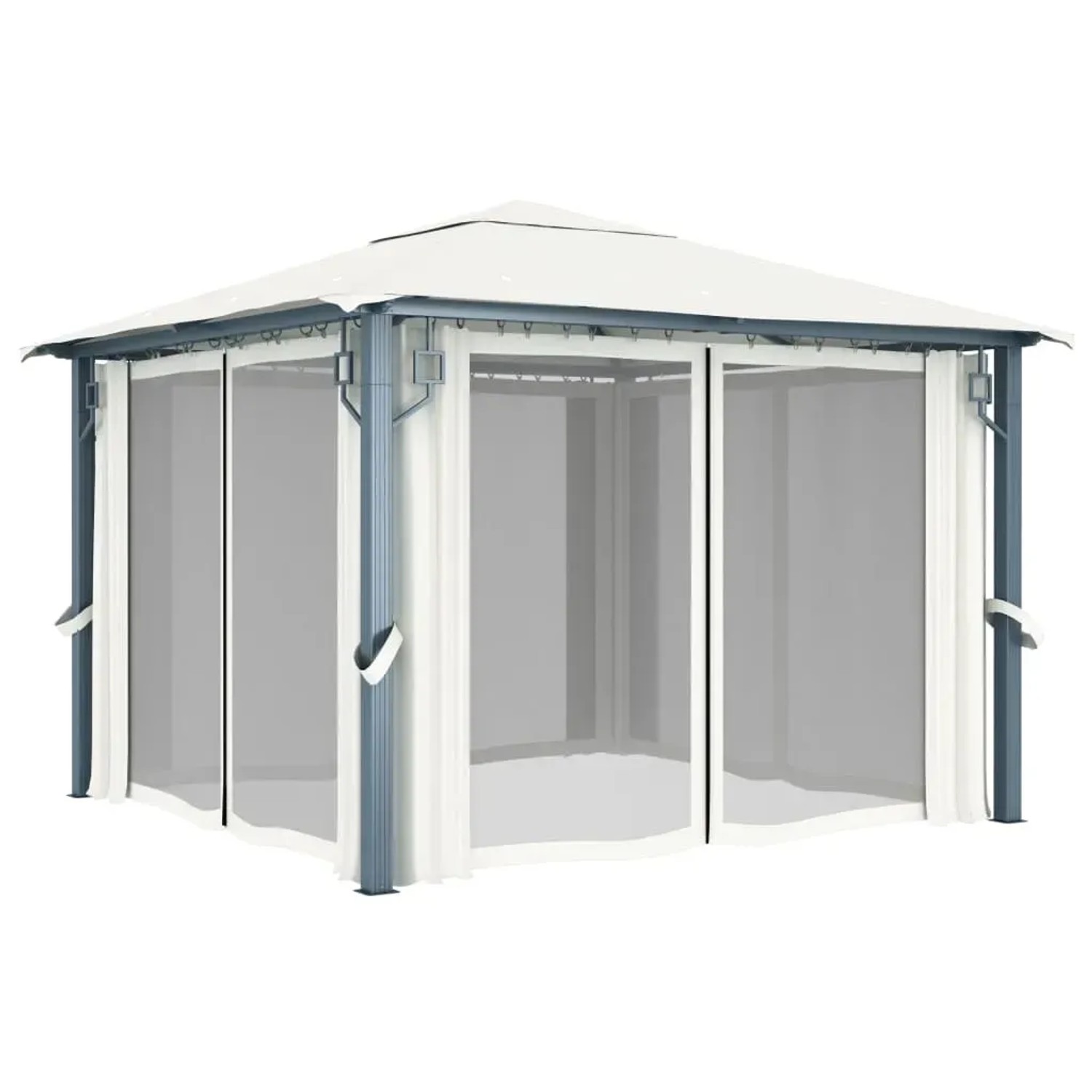 Cremefarbener vidaXL Pavillon 300x300 cm mit Vorhängen und Aluminiumrahmen.