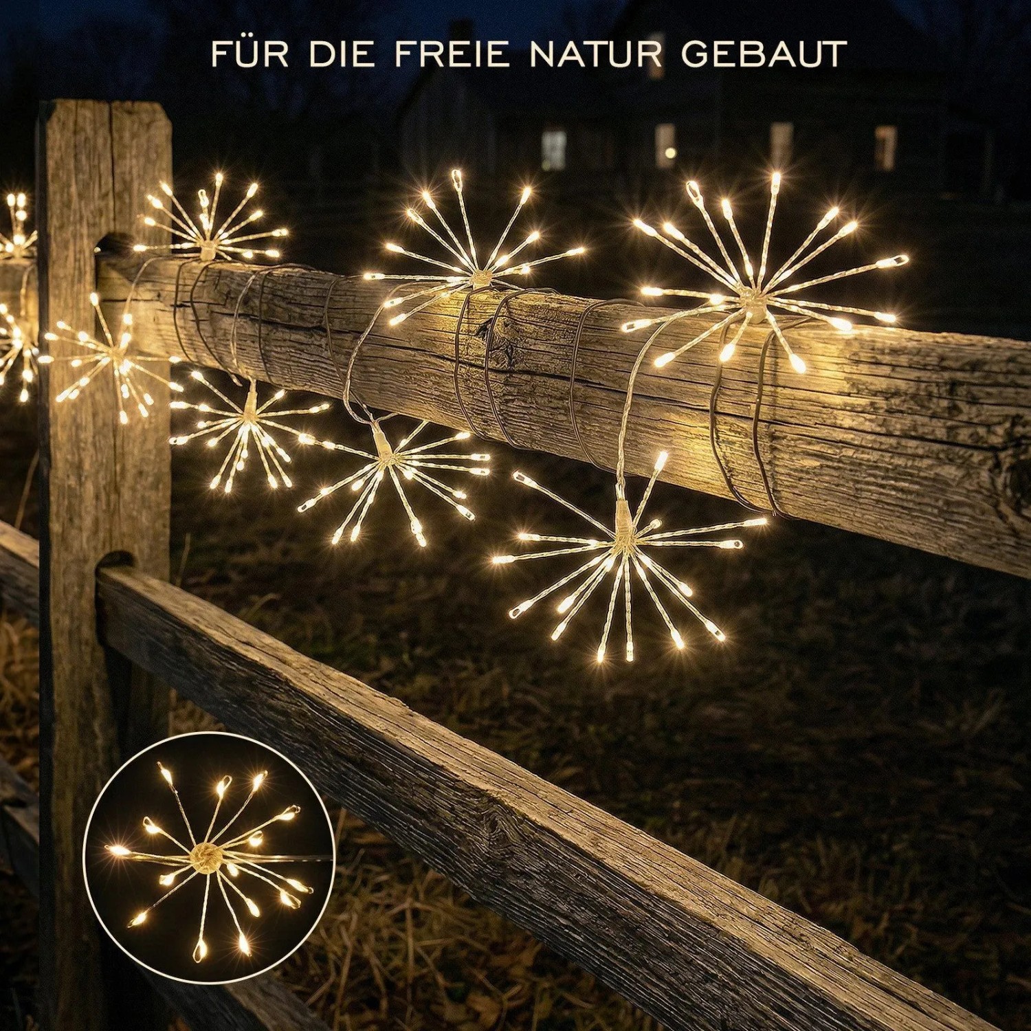 Warmweiße Salcar LED Solar Feuerwerk Lichterkette am Holzzaun. Stimmungsvolle Weihnachtsbeleuchtung für Garten & Terrasse.