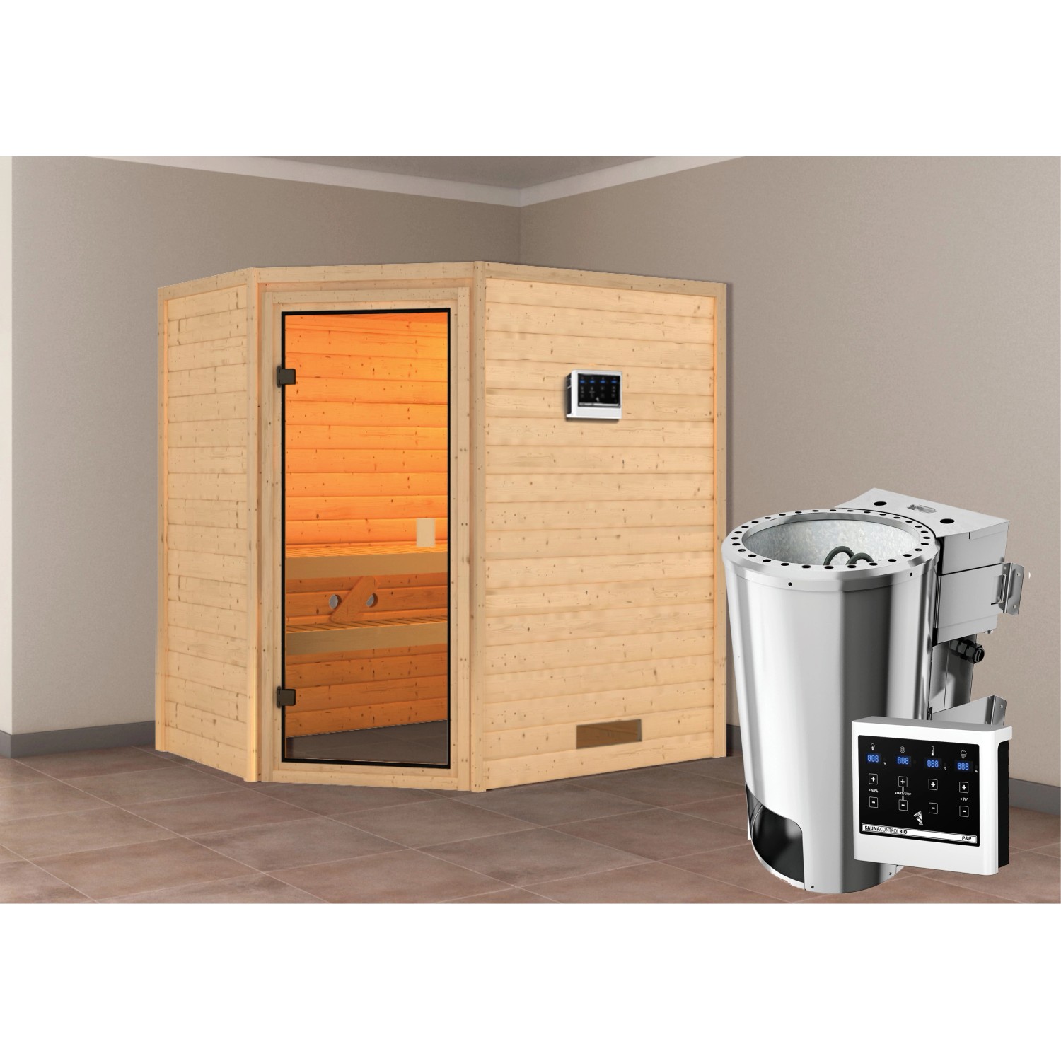 Karibu Sauna Jella mit Bio-Ofen externe Stg.Natur