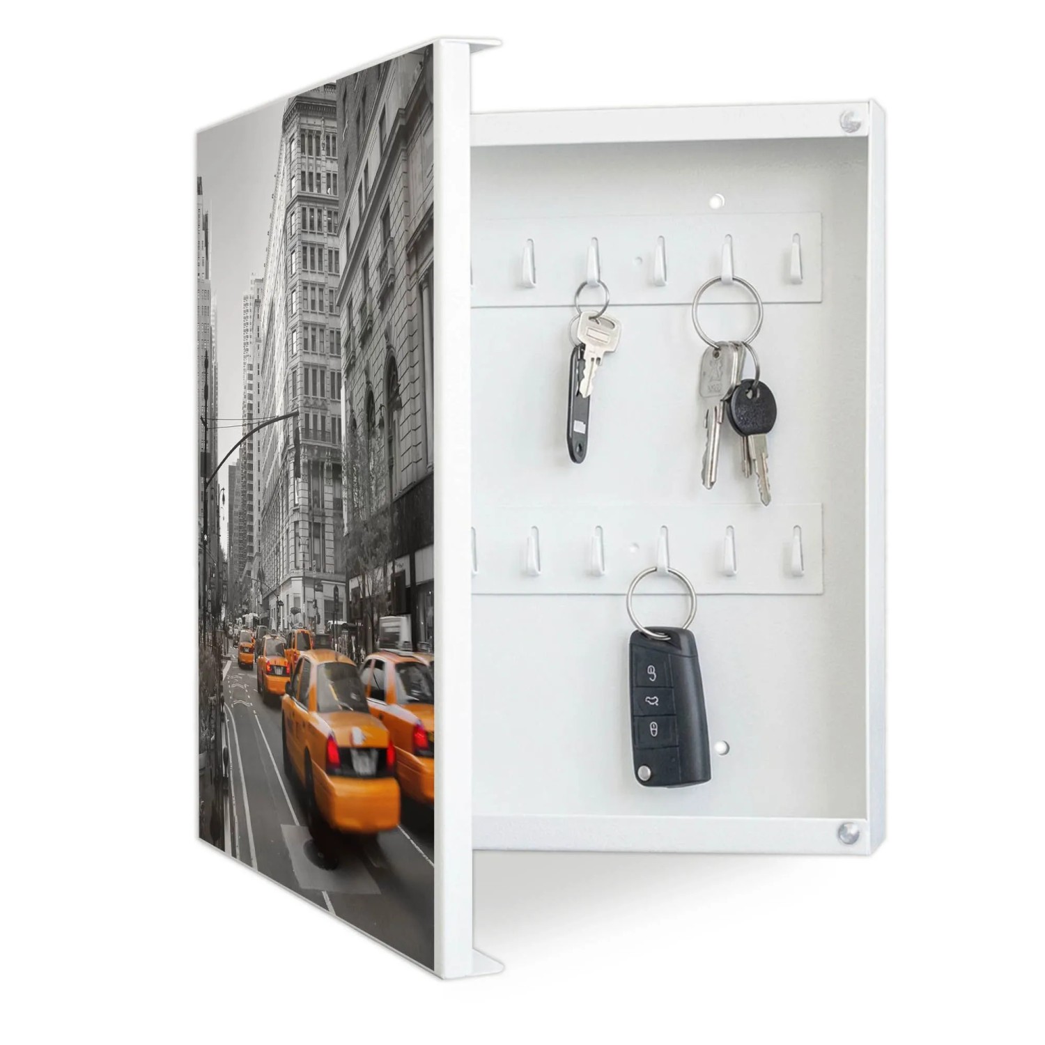 Banjado Großer Schlüsselkasten Metall 30x30cm Weiß Scharnier Links 50 Haken Beschreibbar Magnetisch Motiv New York Taxi