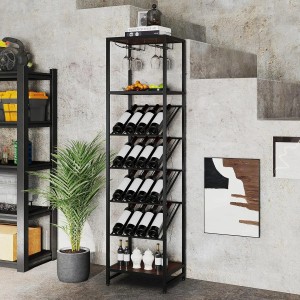 Schmales, schwarzes Costway Weinregal aus Metall für 16 Flaschen und Gläser.