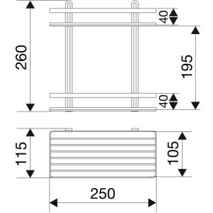 Technische Zeichnung der Euroshowers Duschablage Gitterrost Chrom, 2 Etagen, Maße 260x250x115 mm.