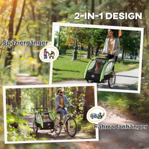 HOMCOM 2-in-1 Kinderfahrradanhänger in Grün/Schwarz. Frau schiebt ihn als Kinderwagen, Mann fährt ihn mit Kindern am Fahrrad.