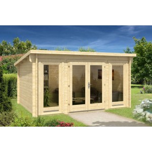 Unbehandeltes Alpholz Gartenhaus Atrium-F mit Pultdach, 440x345 cm, im Garten.