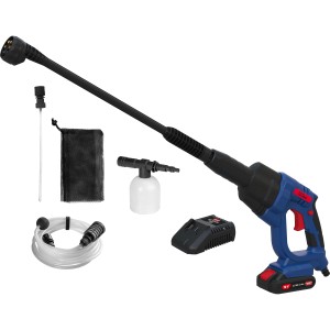 Güde Akku-Druckreiniger DR 18-201-23 mit Zubehör wie Düse, Akku, Schlauch und Reinigungsaufsatz.
