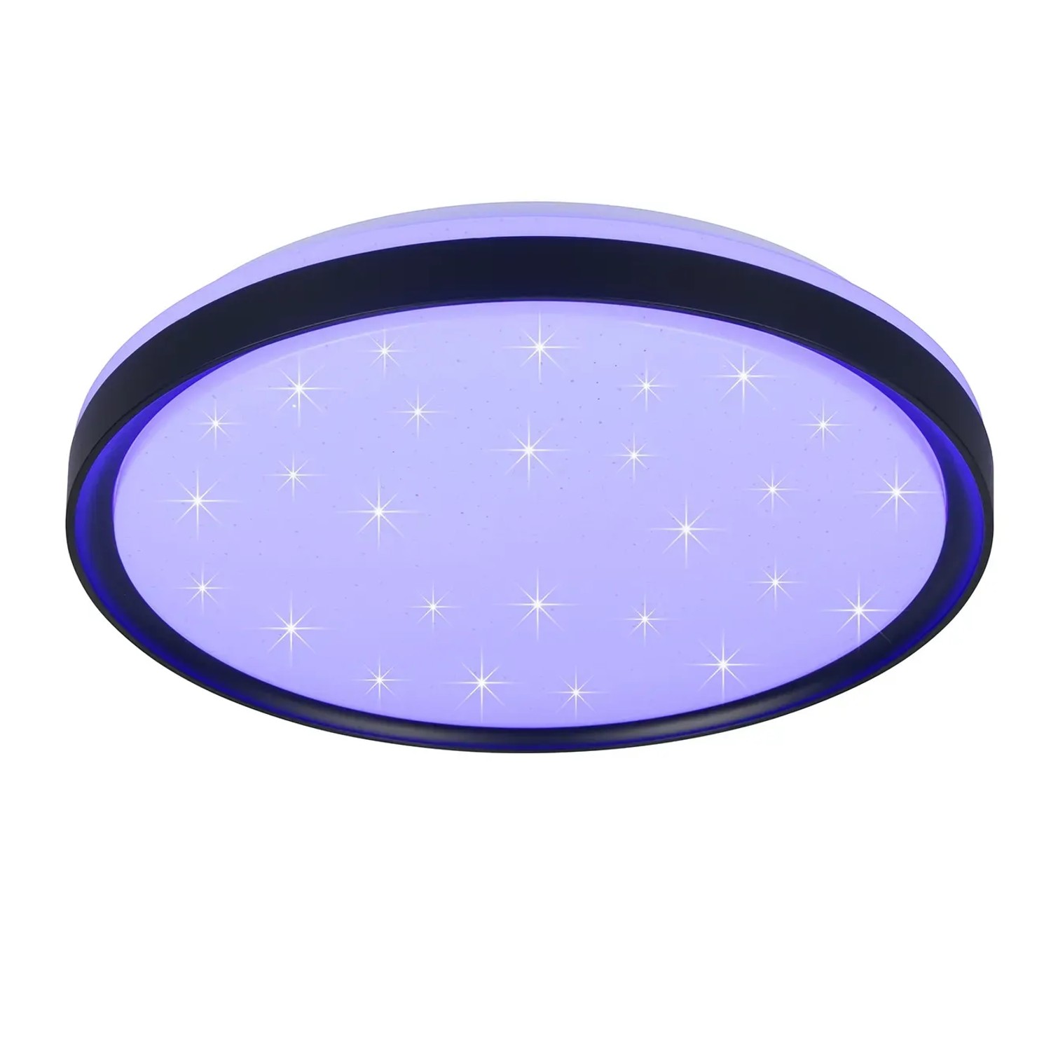 Schwarze, runde LED-Deckenleuchte Solit mit Sternenmuster und dynamischem Farbmodus.