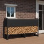 osoltus Kaminholzregal aus schwarzem Metall, gefüllt mit Brennholz, mit Abdeckung auf einer Holzterrasse.