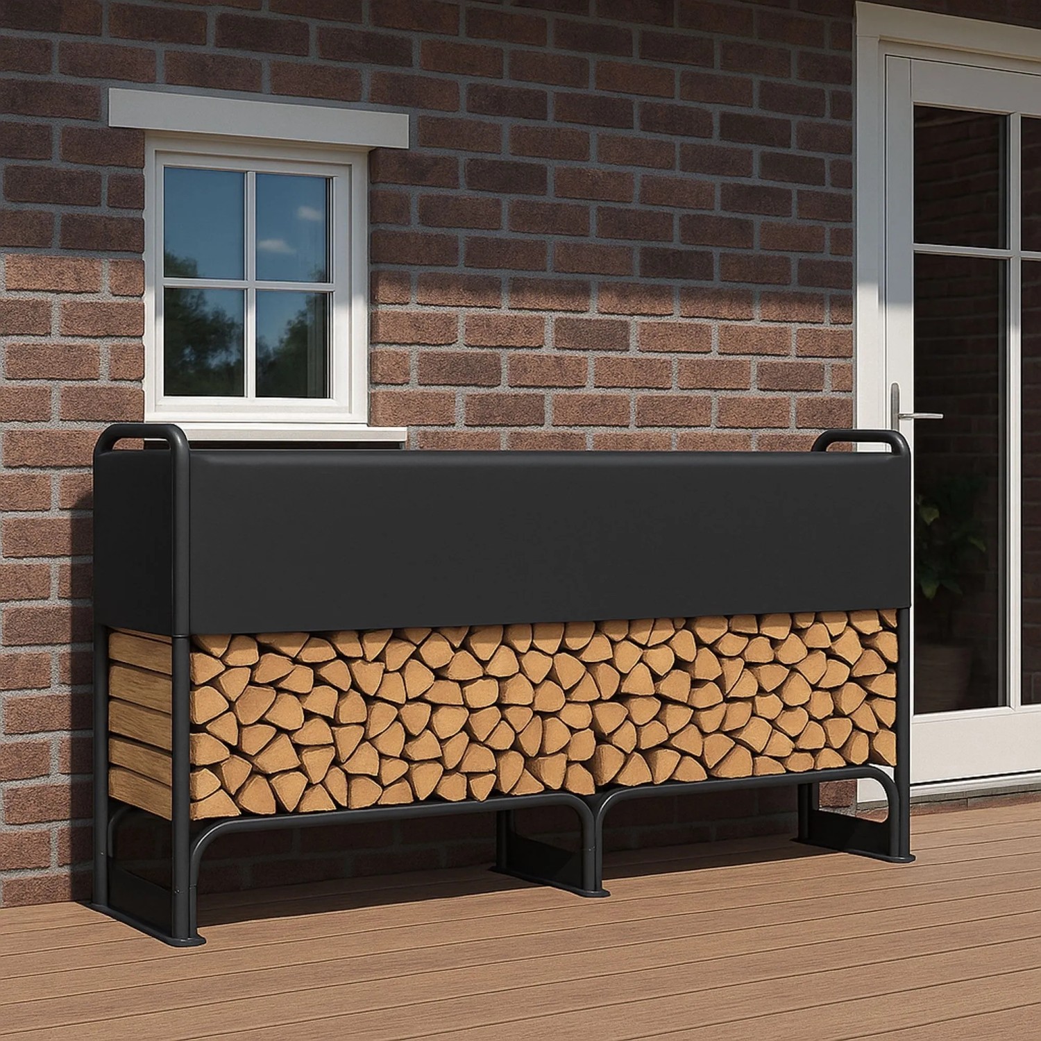 osoltus Kaminholzregal aus schwarzem Metall, gefüllt mit Brennholz, mit Abdeckung auf einer Holzterrasse.