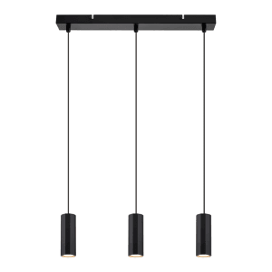 Schwarze NETTLIFE Pendelleuchte aus mattem Metall mit 3 zylindrischen GU10 Lampen. Modernes Industrial-Design.