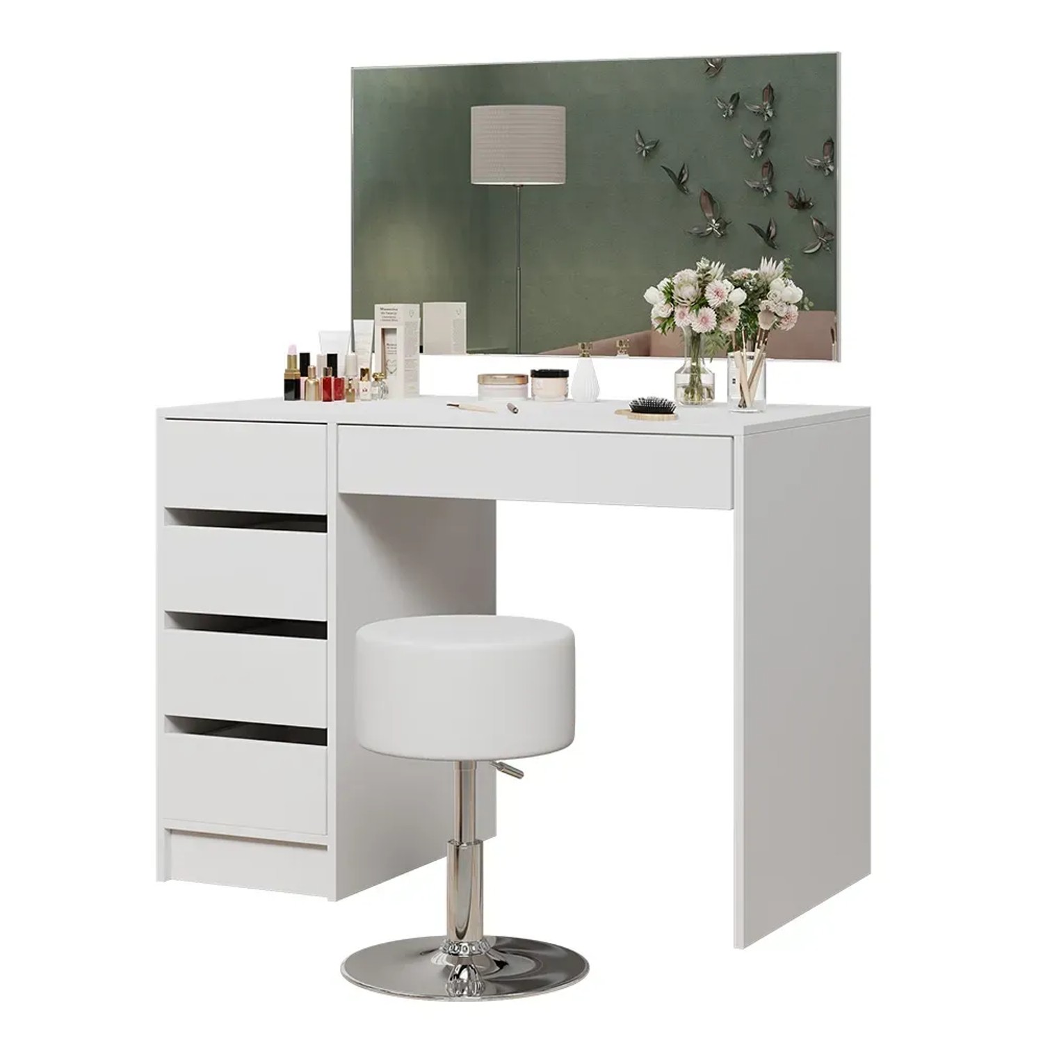 Weißer Vicco Schminktisch Thalia 100 cm mit Hocker und Spiegel.