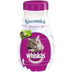 Flasche Whiskas Katzenmilch 200g mit Katzenmotiv und lila Details.