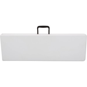 Zusammengeklappte, weiße Perel Klappbank mit Tragegriff, ideal für Bierzeltgarnituren.