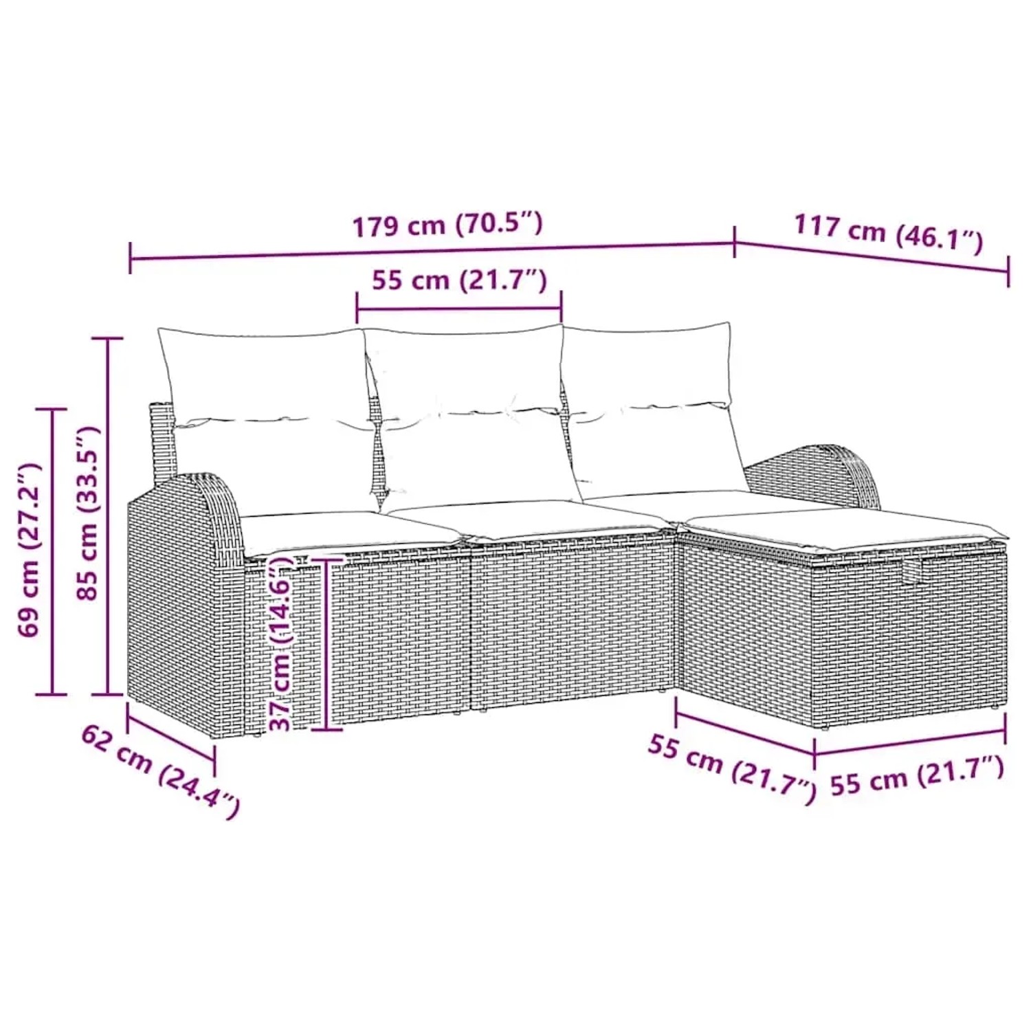 vidaXL Garten-Sofa-Set, 4-teilig, schwarz, Poly Rattan, mit Maßangaben.