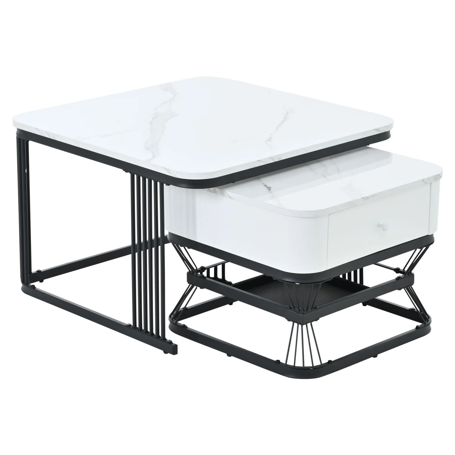 okwish Couchtisch Set mit 1 Schublade Wohnzimmer 70x70x45cm 50x50x40cm Weiß Schwarz