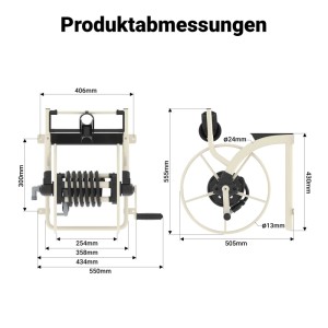 Maßzeichnung der Xpotool Metall-Schlauchtrommel. Ansichten mit allen Abmessungen für Wandmontage und Kurbel.