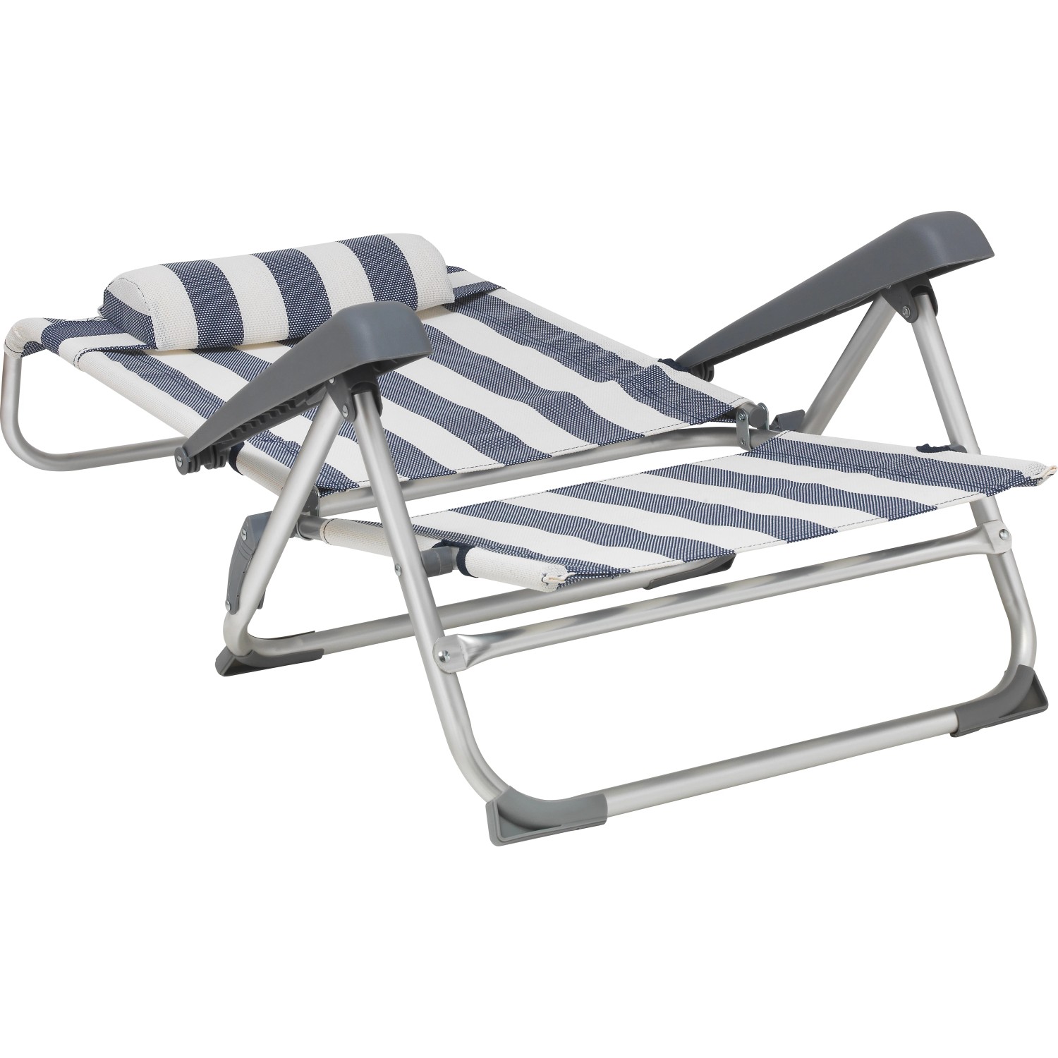 Verstellbarer Campingstuhl Mocoa in Weiß-Blau mit Kopfpolster und Aluminiumgestell.