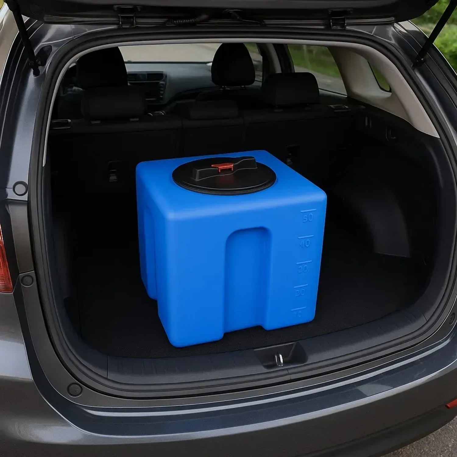 Blauer KMND 60L Kubus Trinkwasser Wassertank aus PE im Autokofferraum. Ideal für Transport & Lagerung.