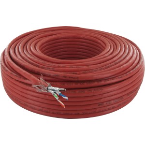 Aufgerolltes, rotes Schwaiger CAT 7 Netzwerkkabel (S/FTP) mit offenem Ende, 50 m, für Netzwerktechnik.