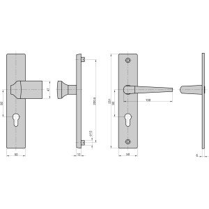 Technische Zeichnung: Basi Schutzbeschlag Alu F1, Wechsel-Garnitur PZ, Maße und Details.