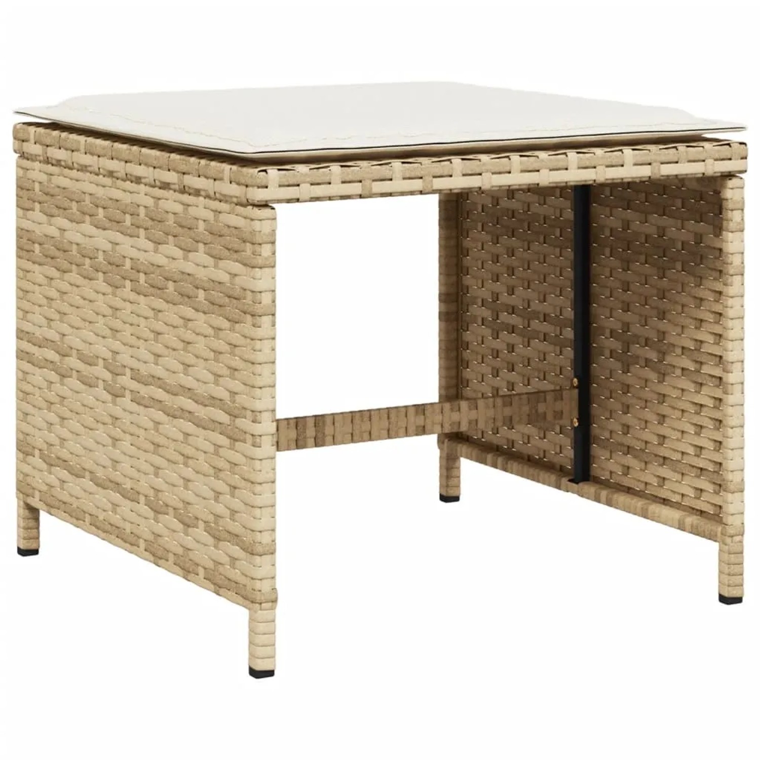 Beiger Gartenhocker aus Polyrattan mit cremefarbenem Kissen, Teil der vidaXL 11-tlg. Garten-Essgruppe.