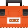 Orangefarbener OBI Werkzeugkoffer aus Kunststoff mit schwarzem Tragegriff und Verschlüssen.