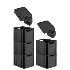 PROREGAL SuperSparSet: 5 schwarze Euroboxen mit Deckel, 30 Liter, stapelbar.