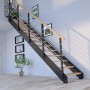 Treppe Kos mit 13 Stufen aus Eiche rustikal, schwarzem Metallgeländer und Edelstahlstäben.