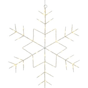 Weiße Metall-Schneeflocke (44 cm) mit warmweißen LEDs für stimmungsvolle Weihnachtsdeko.