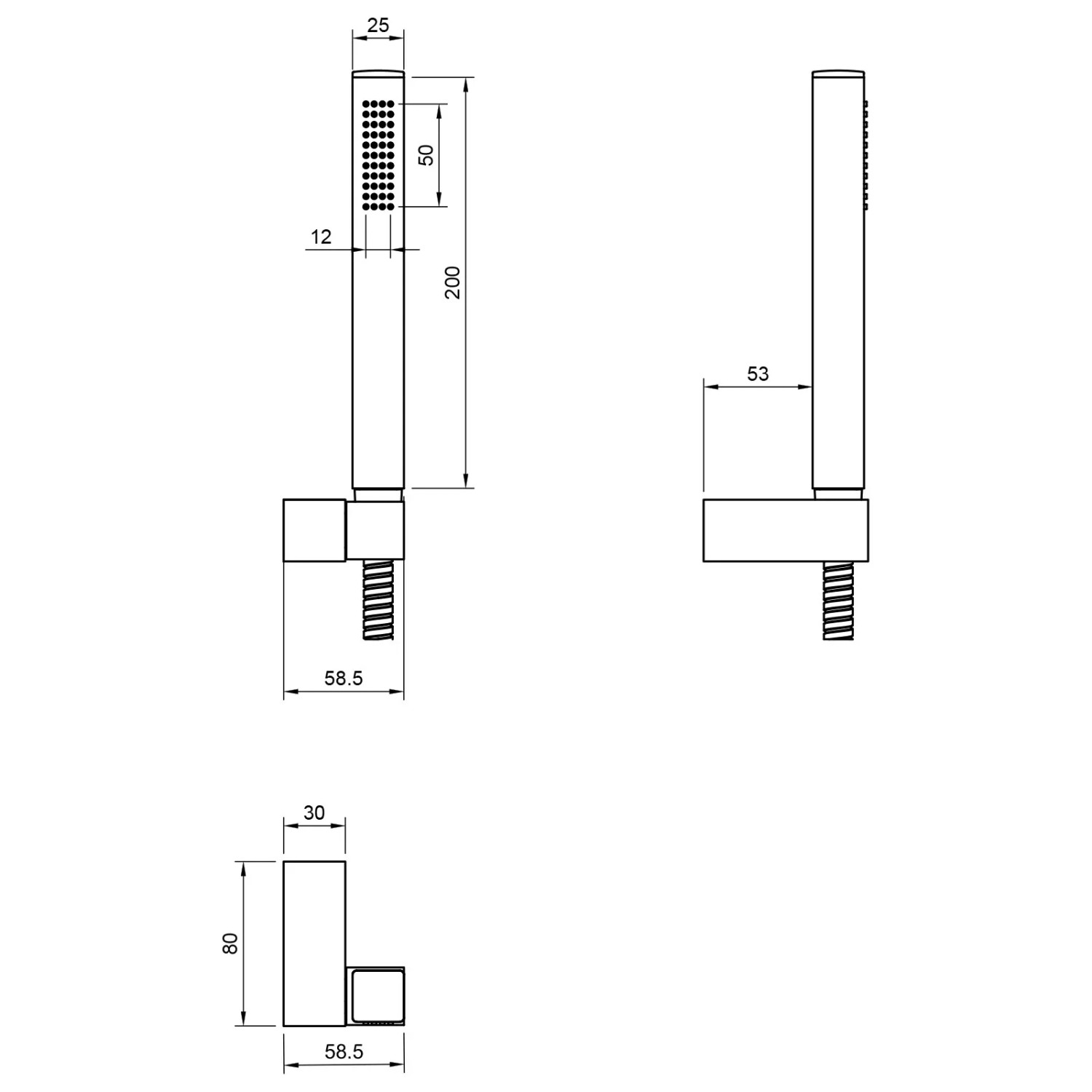 Technische Zeichnung: PaulGurkes Unterputz Duschsystem mit Thermostat, Regendusche und Handbrause mit Maßen.