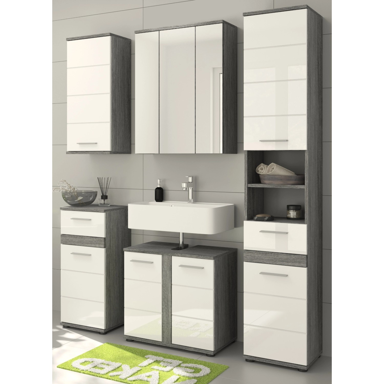 Inn.Furn Badmöbel-Set Weiß Hochglanz Grau 5-teilig 164 cm Viel Stauraum Bai günstig online kaufen