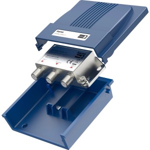 Hama SAT-Schalter DiSEqC 2-1 im blauen, wetterfesten Gehäuse mit offenem Deckel.