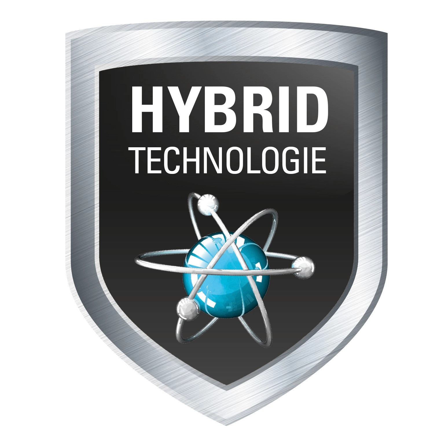 Symbol für Hybrid Technologie der OBI Premium Holzlasur. Schutzschild mit Atommodell.