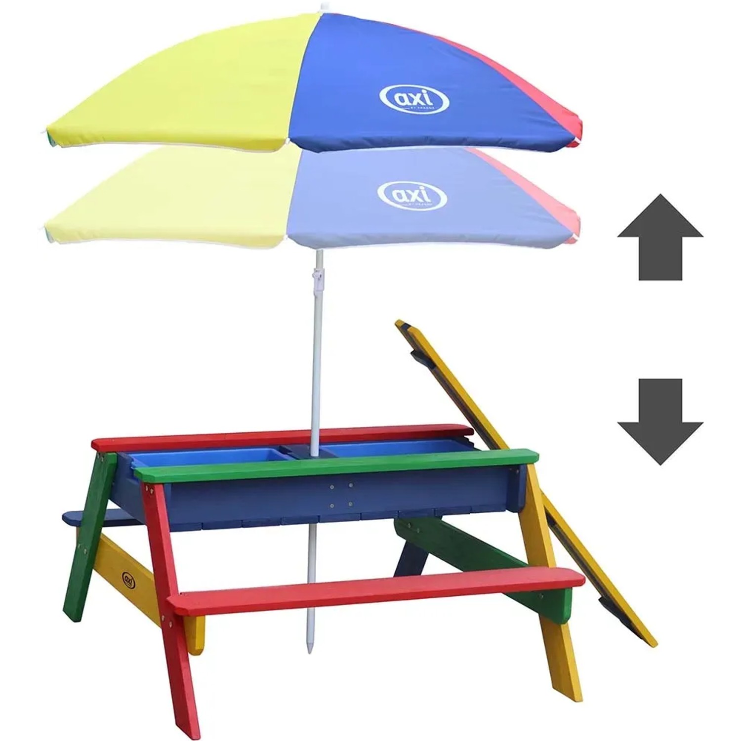 Axi Nick Sand- & Wasser-Picknicktisch Regenbogen mit Sonnenschirm, farbenfrohes Design.