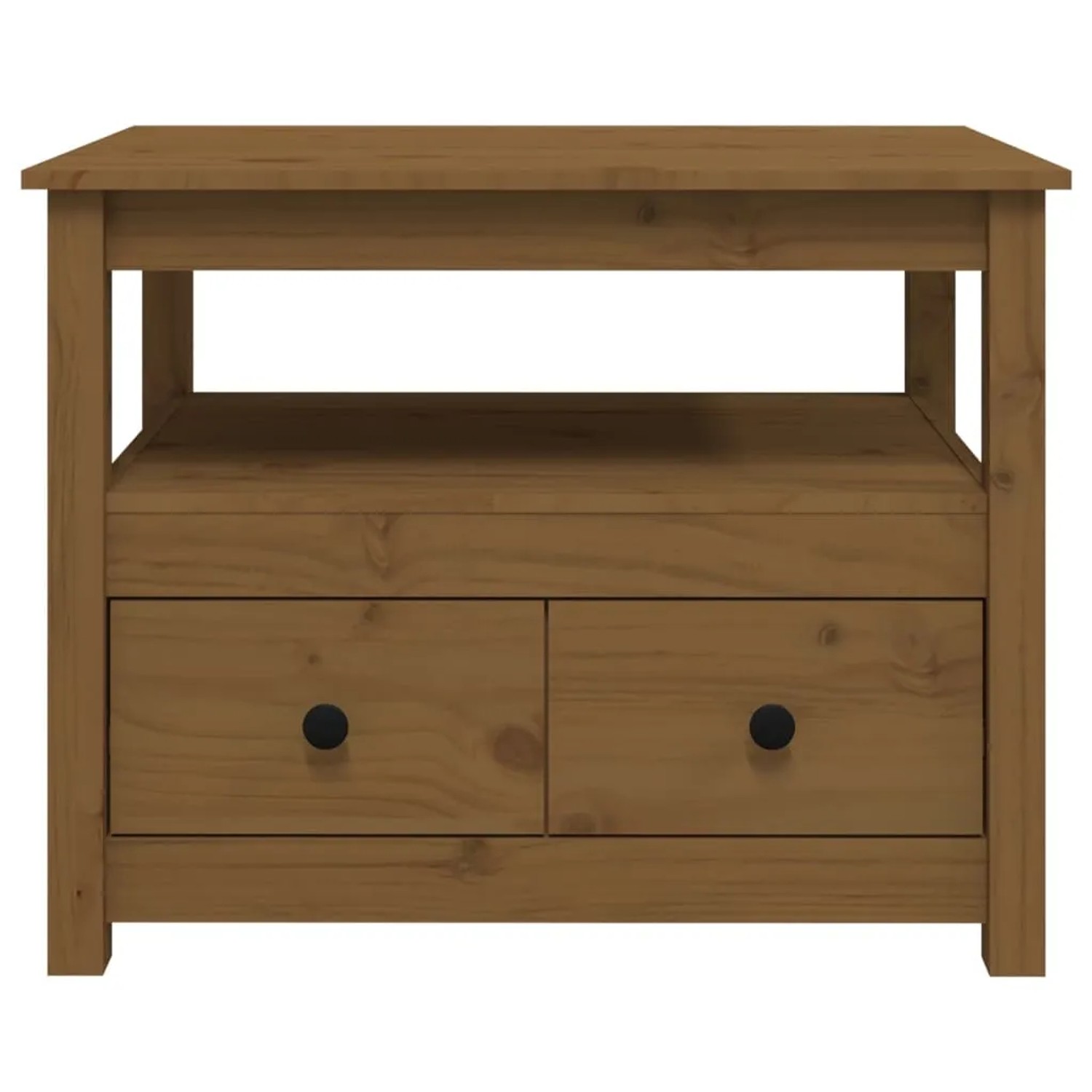 Honigbrauner Couchtisch aus Kiefernholz mit 2 Schubladen und Ablagefläche. Massiver Tisch für Wohnzimmer.