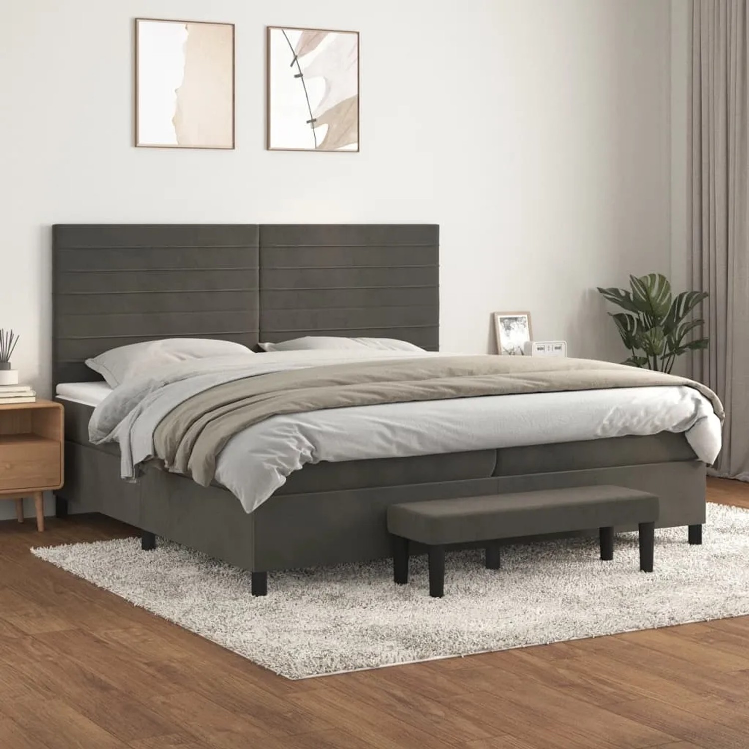 Dunkelgraues vidaXL Boxspringbett 200x200 cm mit Matratze, Kopfteil und Bank.