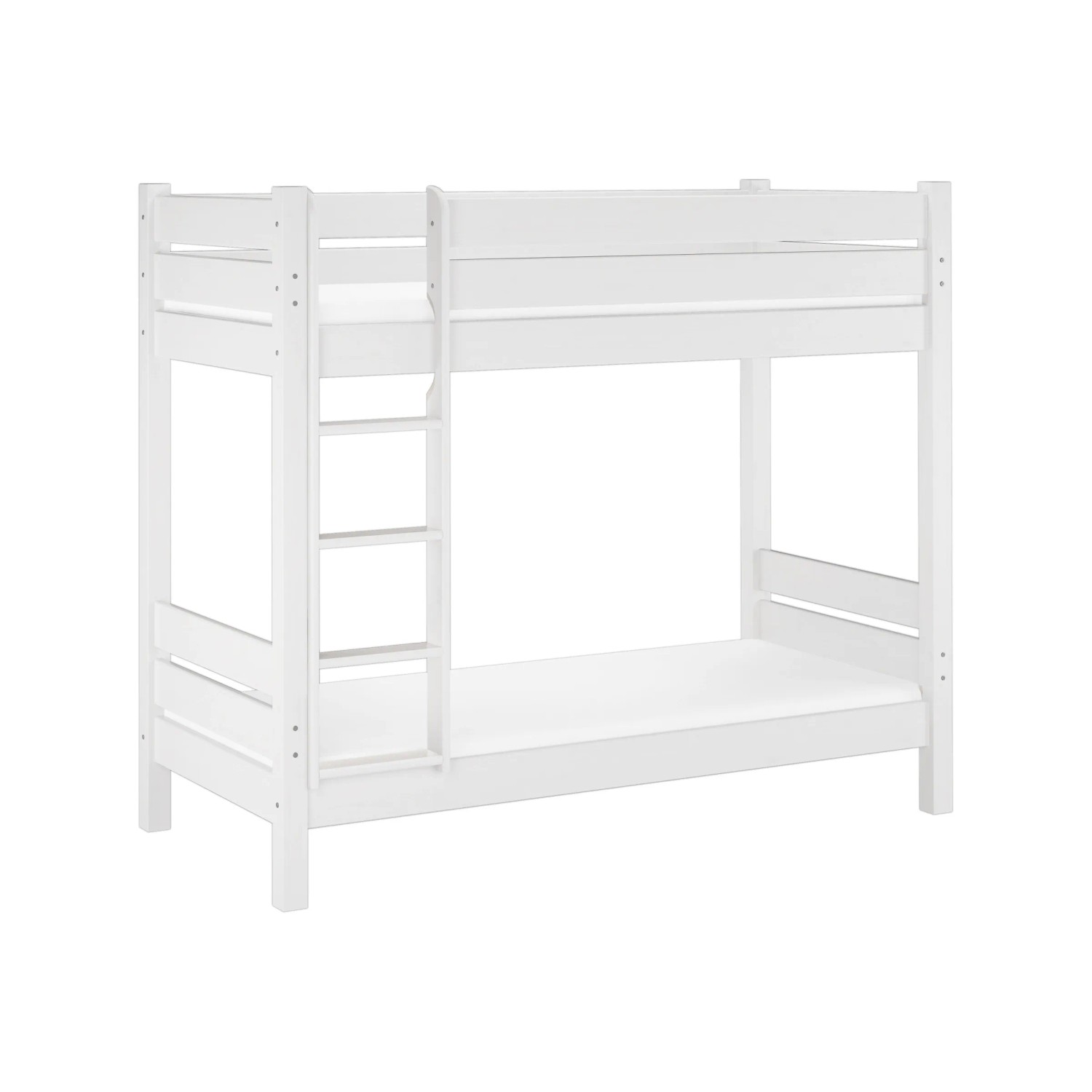 Weißes Etagenbett aus Kiefernholz mit Leiter, 90x200 cm, inkl. Rollrost und Gästebettkasten.