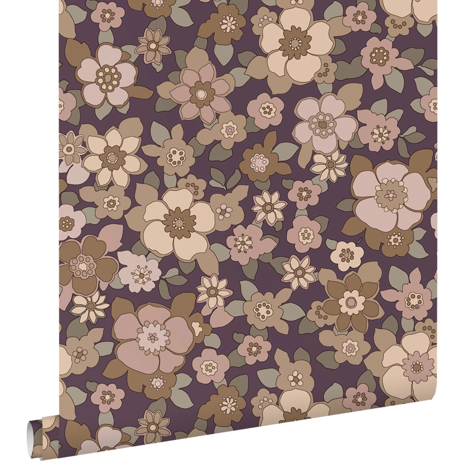ESTAhome Tapete Retro Blumen Dunkelviolett und Beige 50 x 900 cm günstig online kaufen