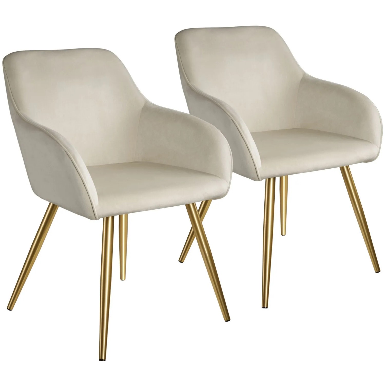 Tectake Esszimmerstuhl Marilyn Gepolstert  In Samtoptik Durchgehende Lehne 2Er Set 62 x 58 x 82 cm Creme Gold