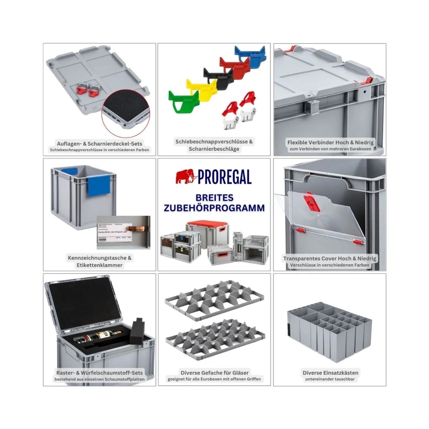PROREGAL Spar Set Zubehör: Eurobox Deckel, Scharniere, Einsätze, Schaumstoff, Etikettenhalter.
