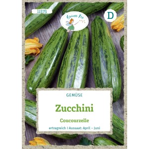 Saatgutpackung Grüne Fee Zucchini Coucourzelle: Dunkelgrüne, längsgestreifte Zucchini-Samen für ertragreichen Anbau.