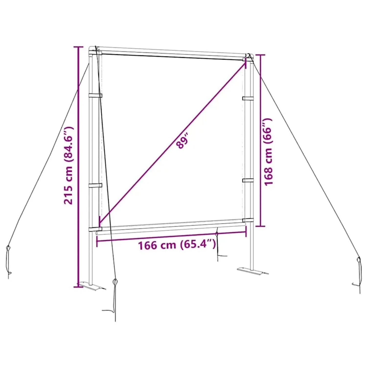 vidaXL Beamer Leinwand 89 Zoll mit Ständer. Aufbau-Diagramm mit Maßen 166x168 cm.