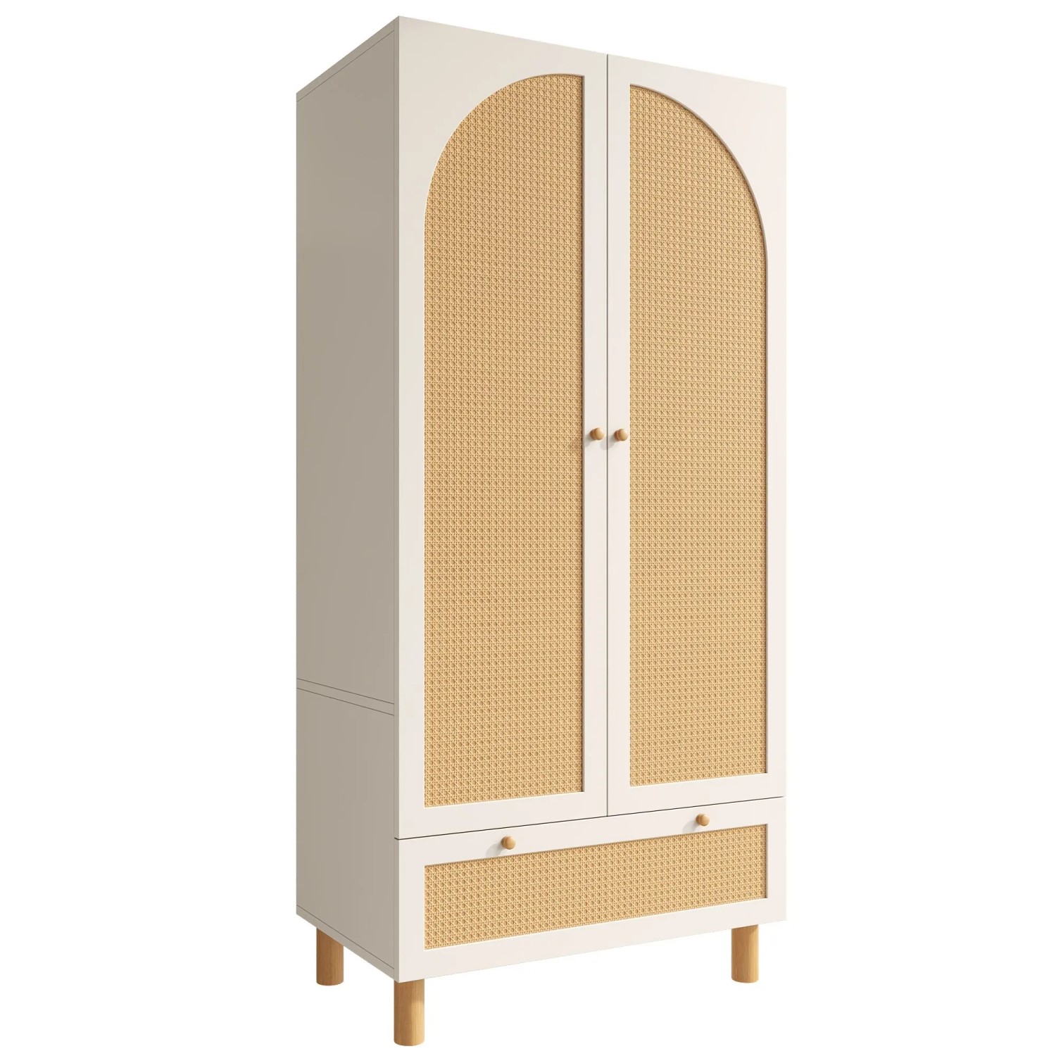 okwish Garderobenschrank mit Rattan Türen Kleiderstange Schlafzimmer 85x52x180cm Weiß