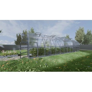 Großes Klasika Gewächshaus 20m² mit Polycarbonat und geöffneten Dachfenstern im Garten.