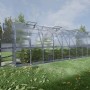 Großes Klasika Gewächshaus 20m² mit Polycarbonat und geöffneten Dachfenstern im Garten.